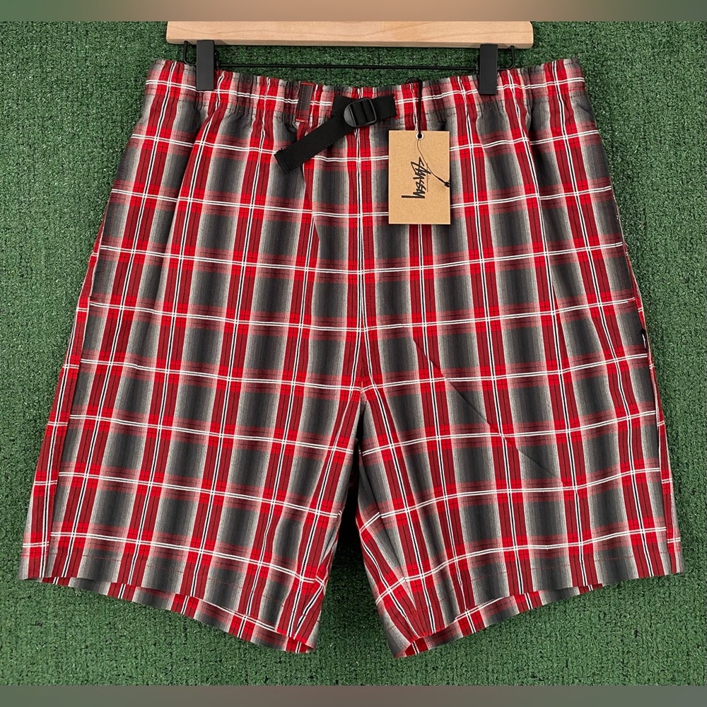 New Stussy Nepal Mountain Belted Red Plaid Cotton Shorts Men’s Size Medium